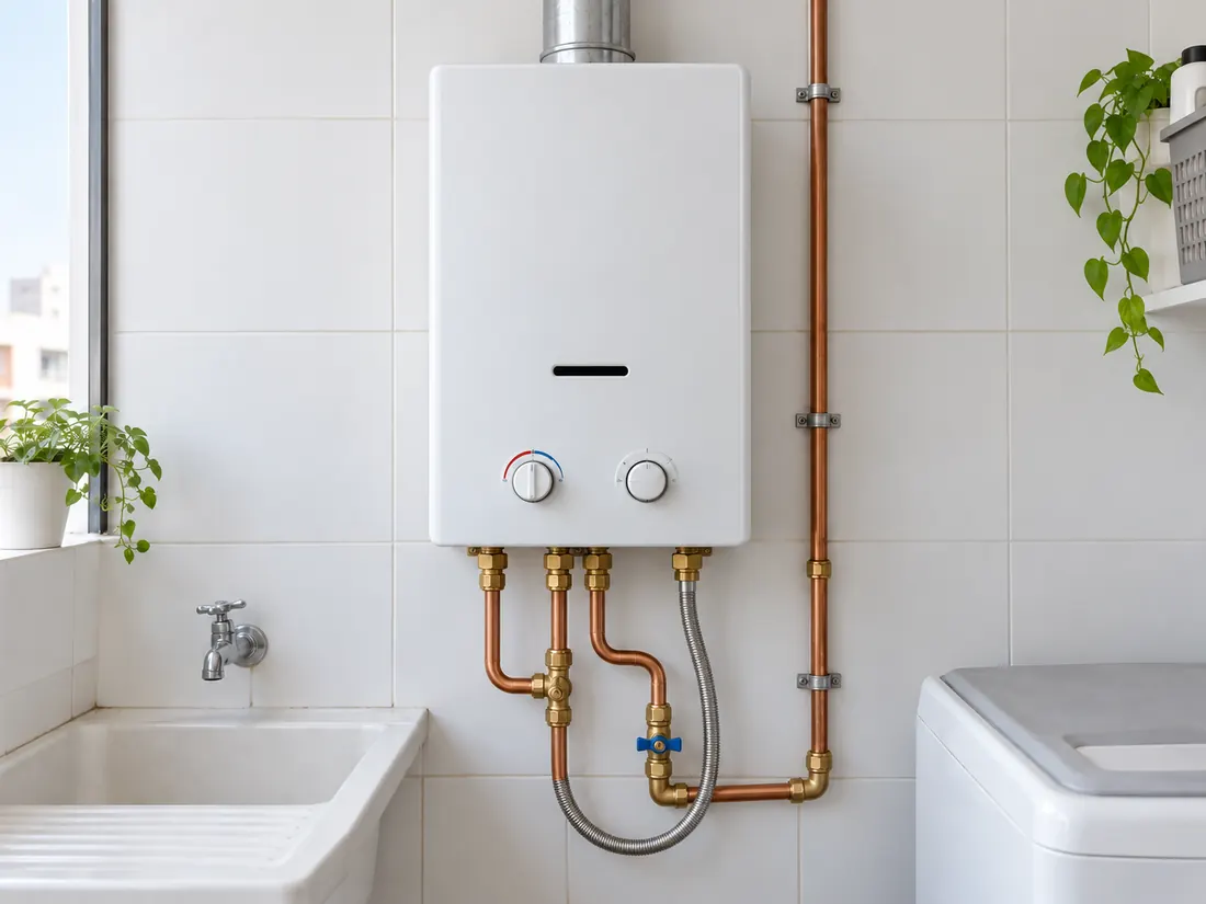 Terma a gas nueva instalada con conexiones ordenadas