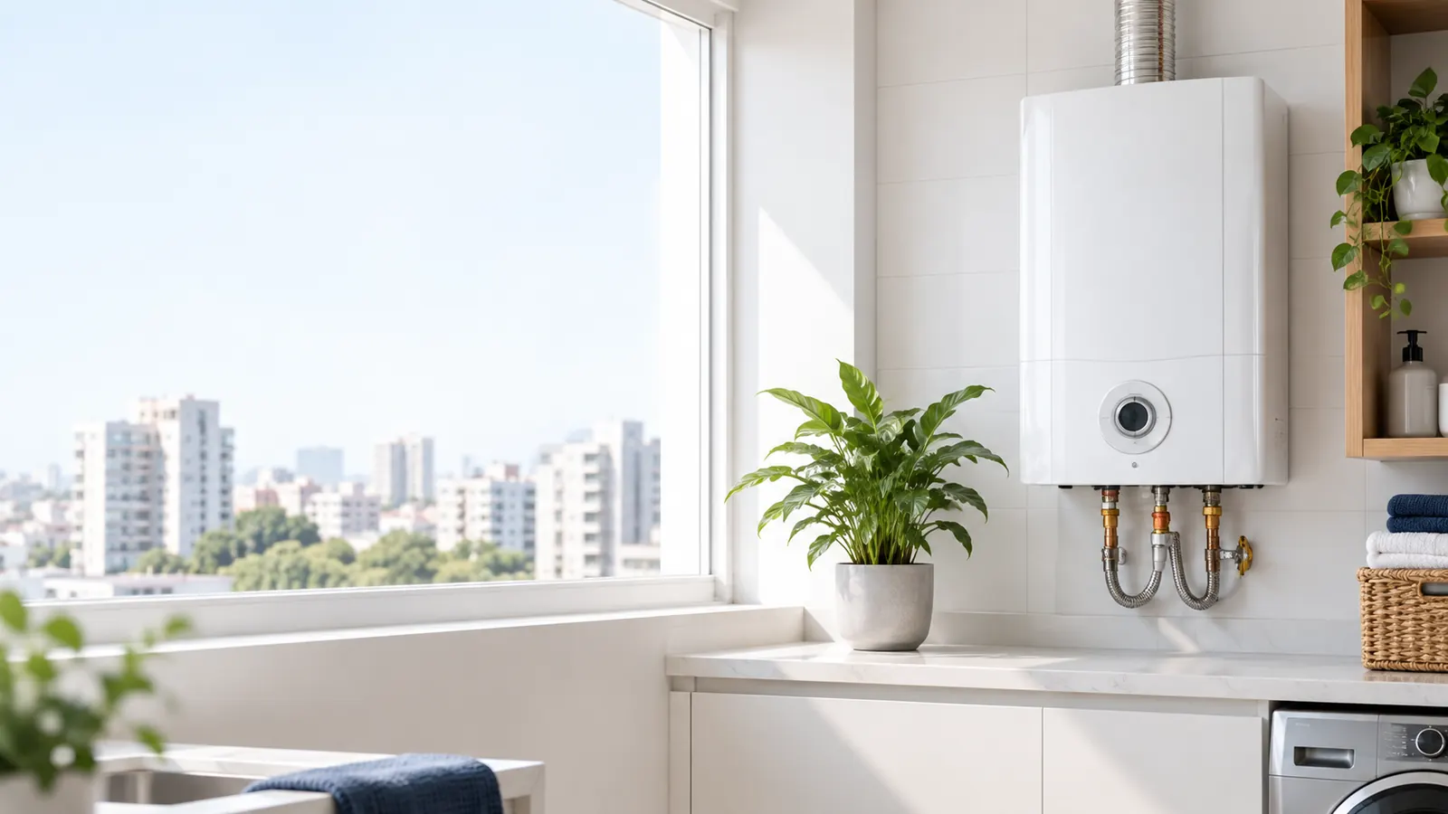Terma a gas instalada en una lavandería luminosa en Lima