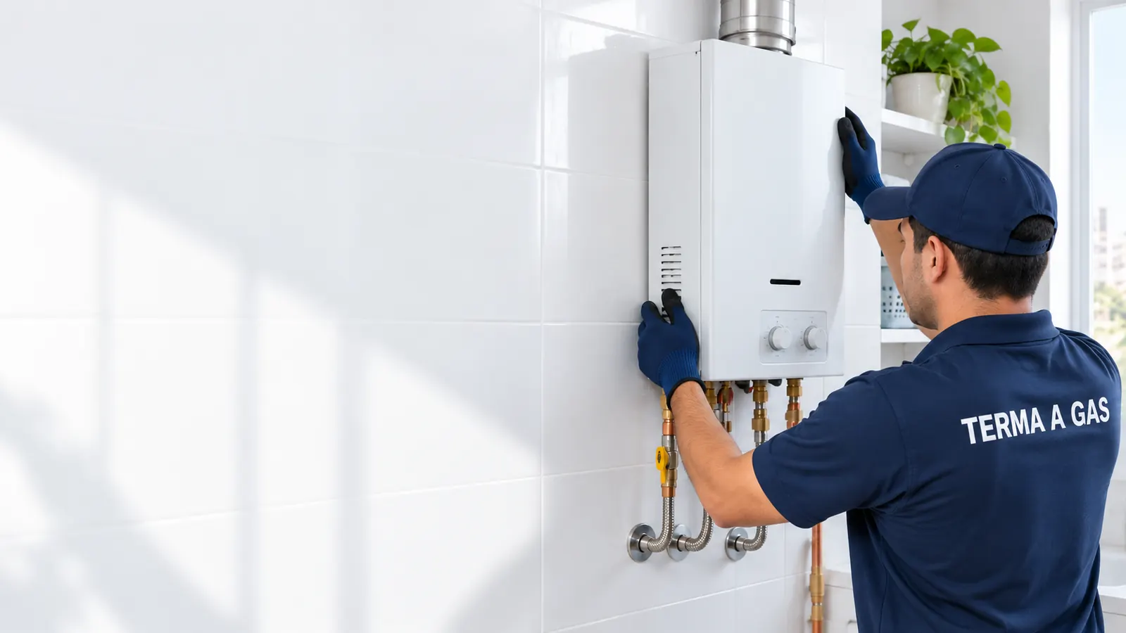 Técnico de TERMA A GAS instalando una terma a gas nueva en la pared