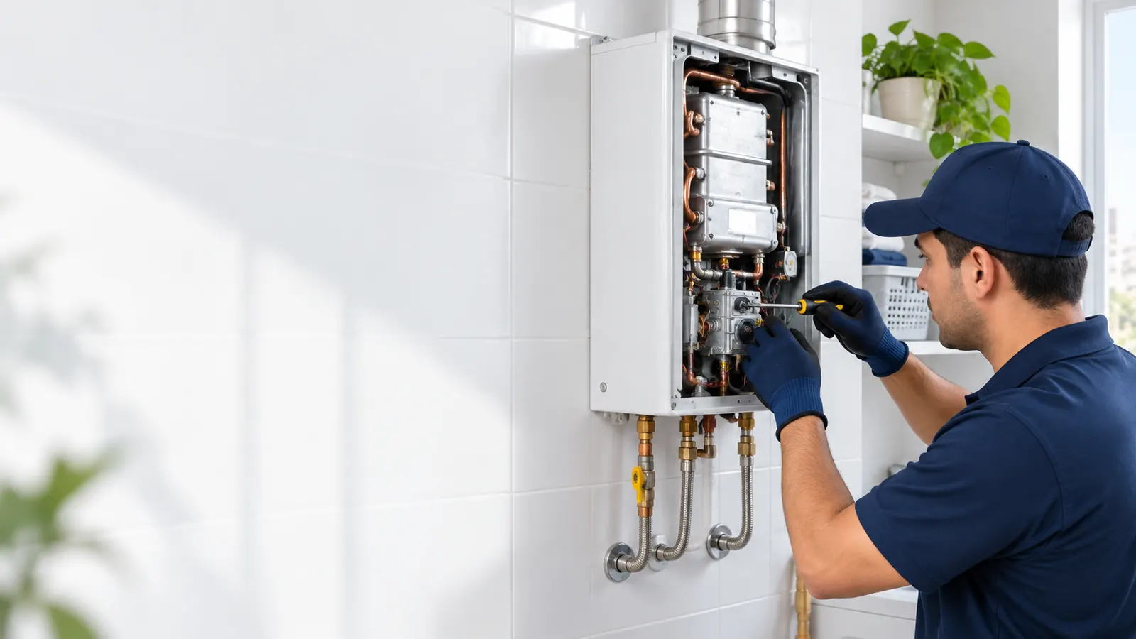 Técnico de TERMA A GAS reparando una terma a gas abierta en una lavandería