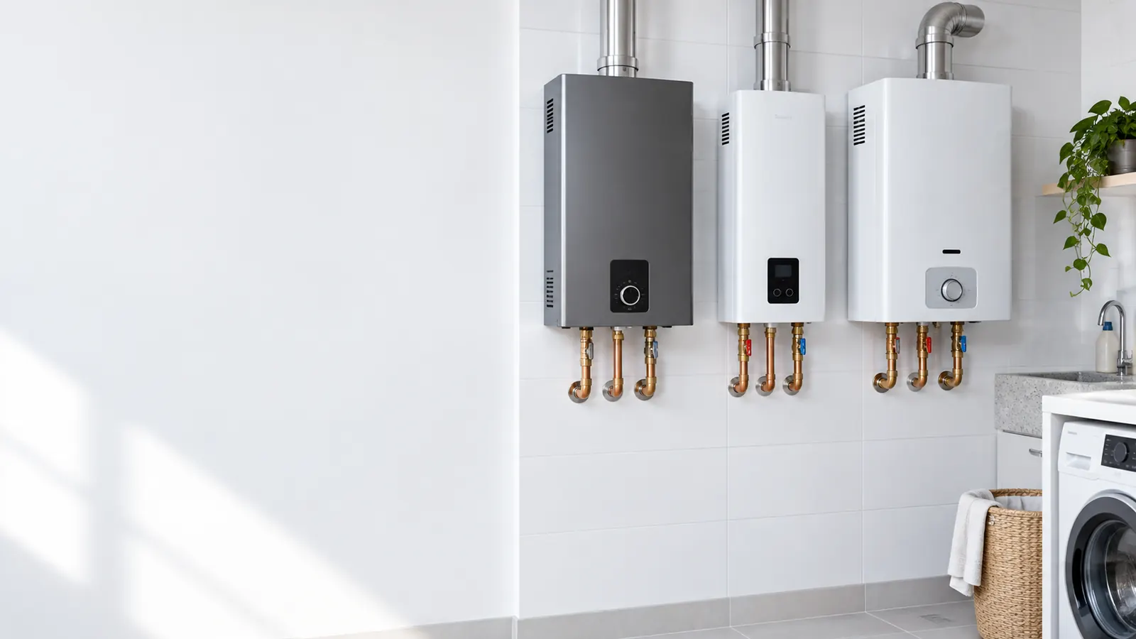 Tres termas a gas de distintos modelos instaladas en una pared