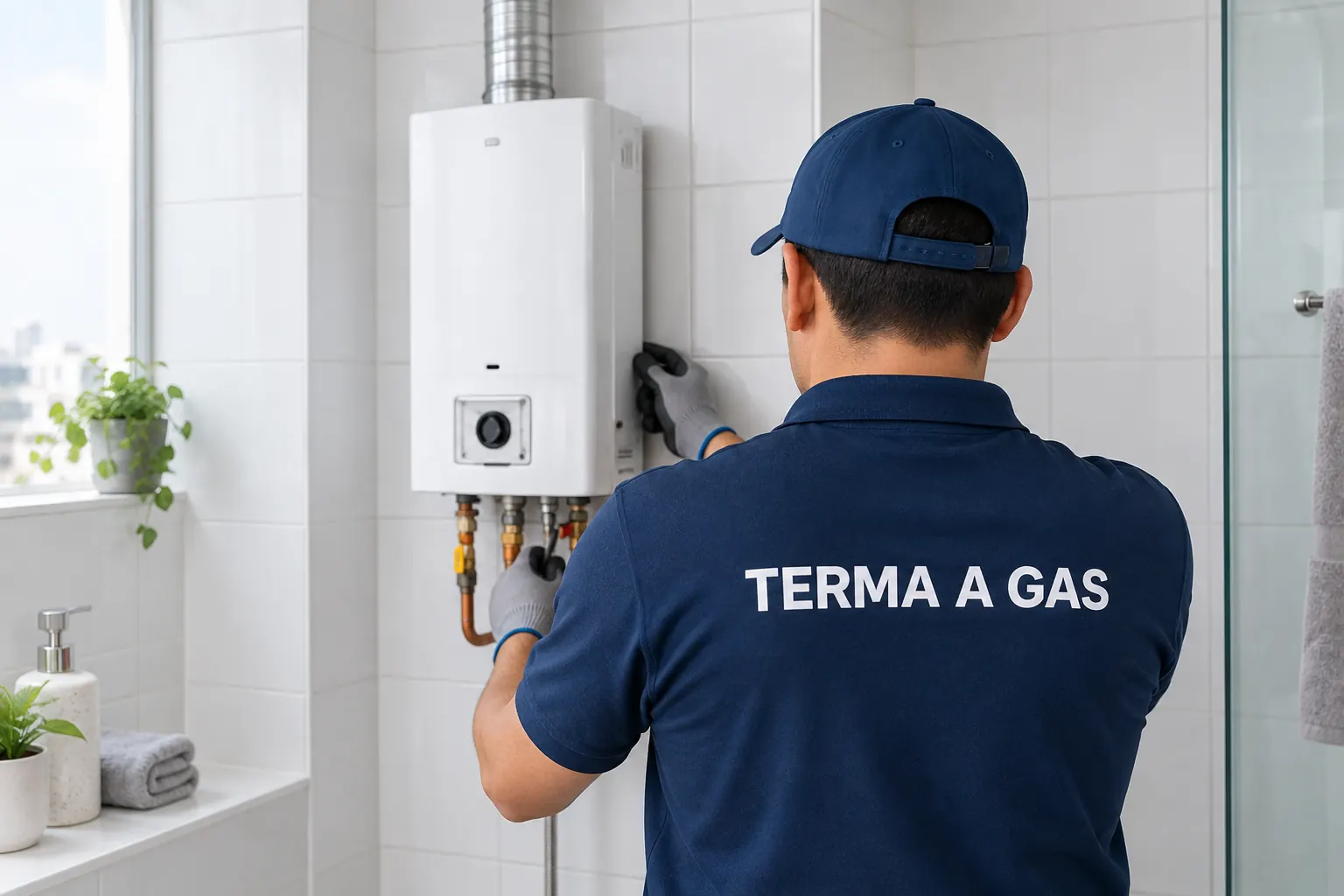 Técnico de TERMA A GAS revisando una terma a gas
